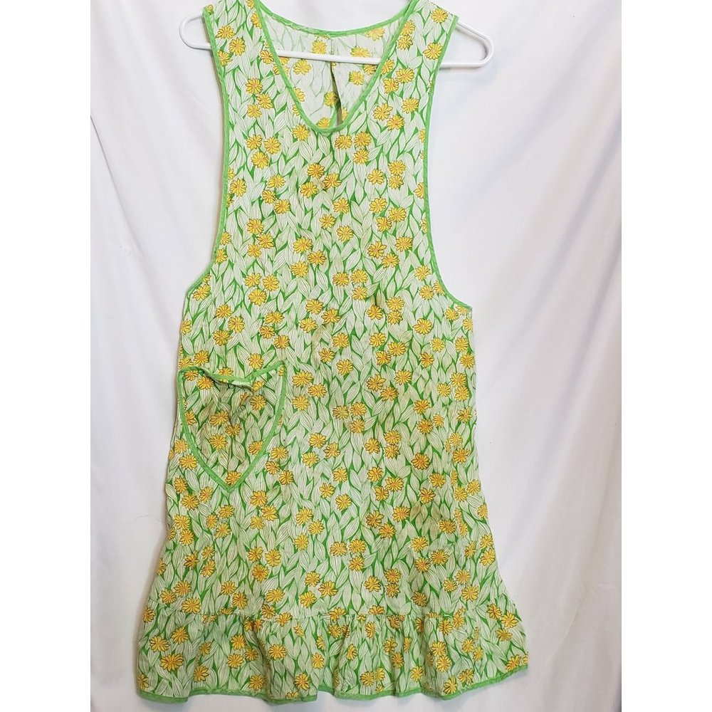 Vintage Apron Handmade Pullover Tie Waist Lime Green Yellow Daisy Print Pocket